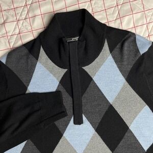 CARNOUSTIE Mens Argyle Quarter Zip Sweater 100% Merino Wool Black Blue‎ Grey S/P